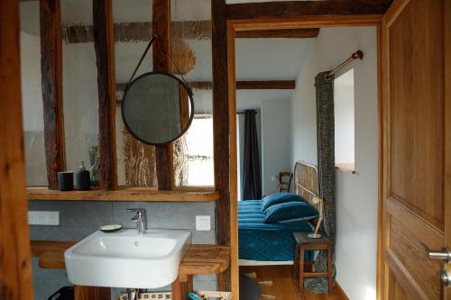 a bathroom with a sink and a mirror at La tête dans les nuages et les pieds dans l'eau in Saint-Benoît-en-Diois