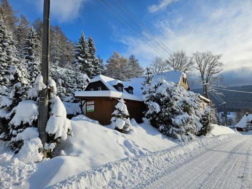 a house covered in snow next to a road at Penzion Ostruznik in Ostružná