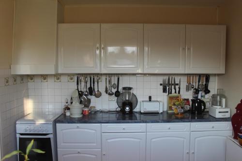 a kitchen with white cabinets and utensils on the wall at MAISON DE PLEIN PIED CLIMATISEE in Masseube