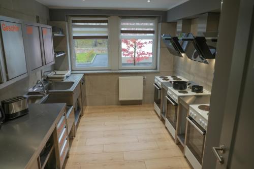 a large kitchen with stainless steel appliances and a window at Aparthotel Rotheul 
