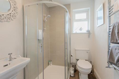 a bathroom with a shower and a toilet and a sink at Holland House No2 in Liscannor