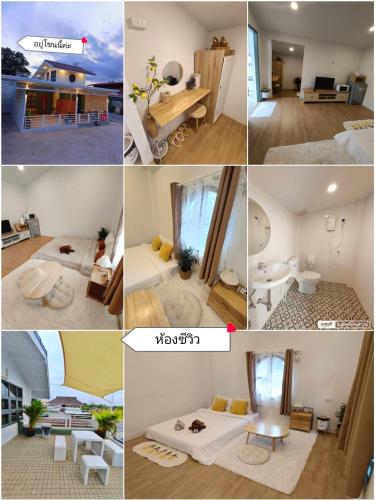a collage of different pictures of a room at บ้านสุขใจ อัมพวา in Samut Songkhram