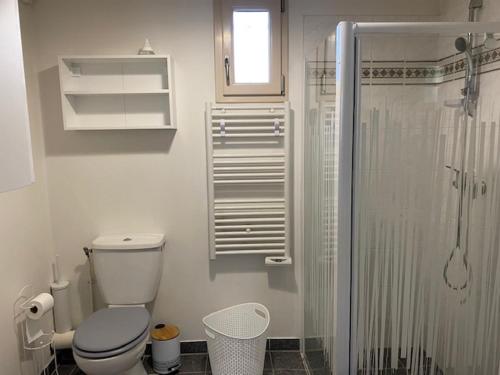 une salle de bain blanche avec toilettes et douche dans l'établissement Aux portes de Paris, à Limay