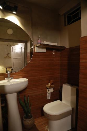 bagno con lavandino, servizi igienici e specchio di Nomadic villa a Mukteshwar