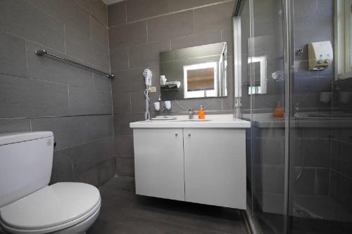 羅東鎮的住宿－月牙泉渡假行館，浴室配有卫生间、淋浴和盥洗盆。