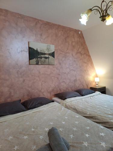 a bedroom with two beds and a picture on the wall at Pannónia Rooms and Apartments in Satu Mare