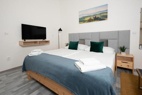 a bedroom with a large bed with a flat screen tv at Penzion MOVEINN in Prague