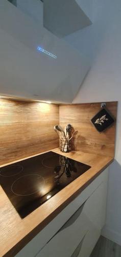 une cuisine avec un évier et un plan de travail en bois dans l'établissement Maison Cosy à Vichy, à Vichy