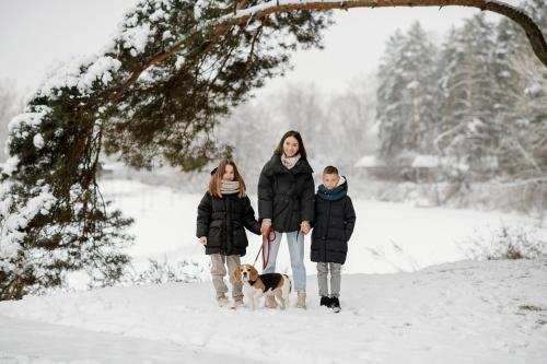 three people and a dog in the snow at Мис Доброї Надії Полтава in Hlody