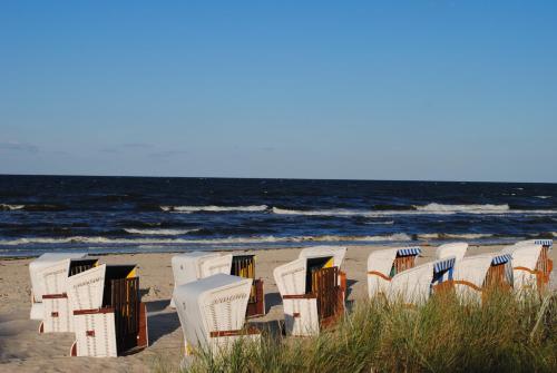 a row of chairs on a beach with the ocean at Haus Granitzhof in ruhiger Lage in Binz