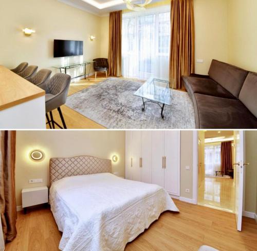 a bedroom with a bed and a living room at Luxury Central Apartment in Putvinskio street in Kaunas