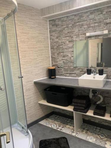 une salle de bain avec un lavabo et une douche en verre dans l'établissement Maison proche centre-ville 4 personnes 2 chambres, à Amiens