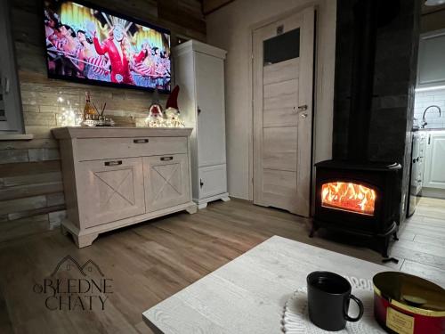 a living room with a fireplace and a flat screen tv at oBłędne Chaty in Wünschelburg