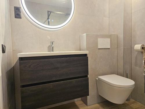 een badkamer met een wastafel, een toilet en een spiegel bij Studio Zoet DO46 Domburg in Domburg