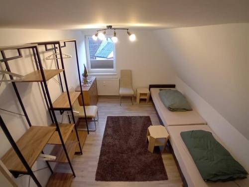 Zimmer mit 2 Etagenbetten und einer Leiter in der Unterkunft Ferienwohnung Rössewiese in Schleusingen