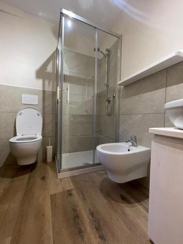 een badkamer met een douche, een toilet en een wastafel bij Maison Marcel Sarre in Aosta
