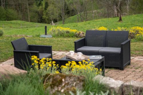 two chairs and a table in a garden with flowers at chambre d'hôtes nos racines (chez Muriel et Philippe) in Saulxures-sur-Moselotte