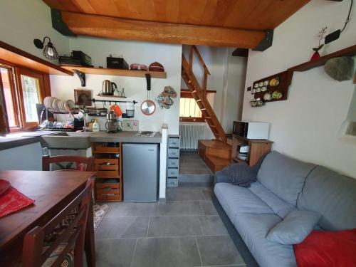 sala de estar con sofá azul en la cocina en La casina rossa della fornace en Cutigliano