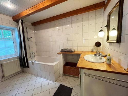 een badkamer met een wastafel en een bad bij Das Puppenhaus, Reetdach, Sauna, Kamin, eingezäunt, Badewanne, Haustiere willkommen in Emmelsbüll-Horsbüll