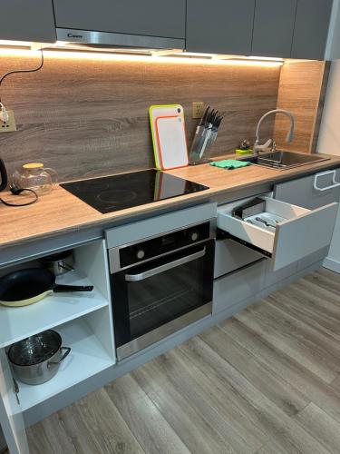 eine Küche mit einer Spüle und einer Arbeitsplatte in der Unterkunft Exclusive USA Embassy Proximity Apartments in Ulaanbaatar