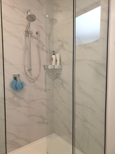 a shower with a glass door in a bathroom at Modern Loft in Christchurch CBD with Private Courtyard in Christchurch