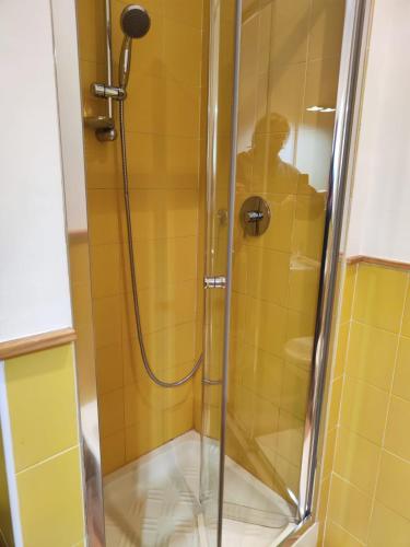 une douche avec une porte en verre dans une salle de bain dans l'établissement La casa di Bibi, à Gênes