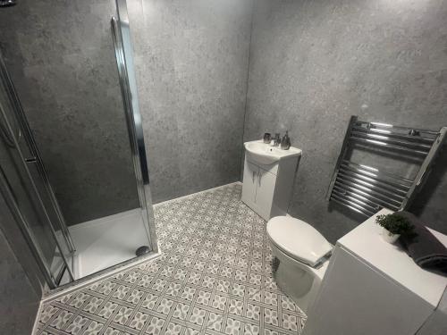 a bathroom with a shower and a toilet and a sink at Marlborough Court in Hull