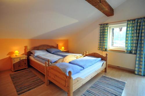 two twin beds in a bedroom with a window at Appartementhaus Bad Salve in Hopfgarten im Brixental