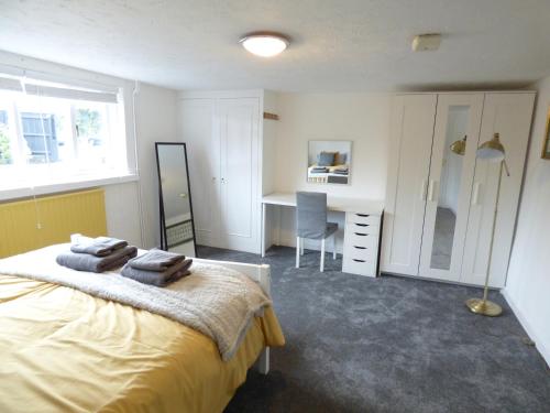 a bedroom with a bed and a desk and a window at Windmill Cottage in Ely