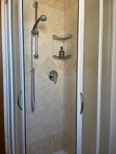 a shower with a glass door in a bathroom at AppArt 24 city center parking and Sea in Lignano Sabbiadoro