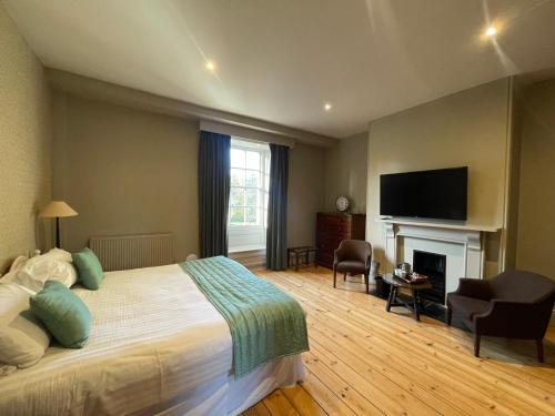 a bedroom with a bed and a tv and a fireplace at Holbrook Manor & Spa in Wincanton