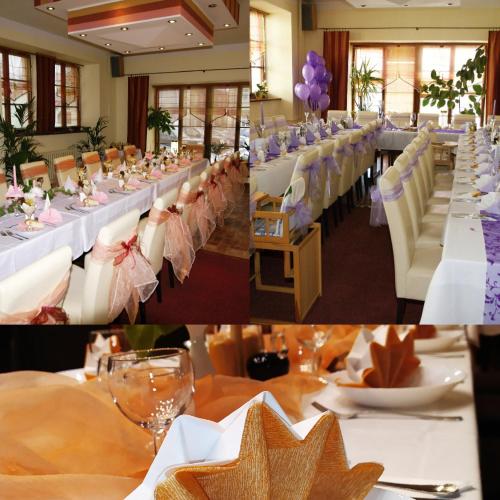 un salón de banquetes con mesas y sillas blancas en Penzion Merlin, en Frýdlant nad Ostravicí