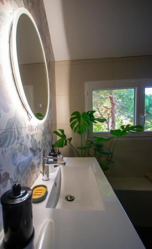 a bathroom with a white sink and a mirror at Mas des 2 paons in Villedaigne