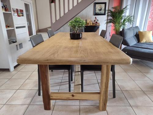 une table à manger en bois avec une plante en pot au-dessus dans l'établissement Près de St Étienne et du Parc Naturel Régional du Pilat, à Saint-Just-Malmont