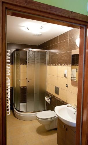 a bathroom with a toilet and a sink at Chata Sudecka I apartamenty z aneksami kuchennymi in Sienna