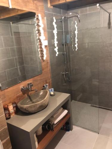 a bathroom with a sink and a shower at Zlatibor Sky Inn in Zlatibor