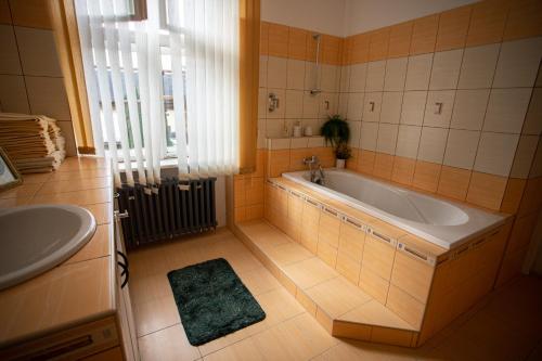 a bathroom with a tub and a sink at Resort Červený dvůr in Rapotín