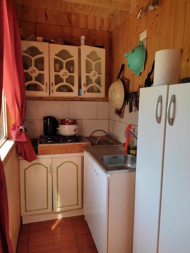 a small kitchen with a sink and a refrigerator at cabaña de 2 pisos in Coñaripe