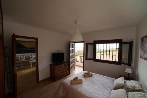 a bedroom with a bed with two teddy bears on it at Casa de campo 2 Ortigal Tenerife in La Esperanza