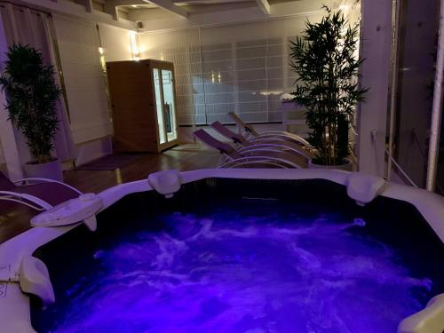 een hot tub met paarse verlichting in een kamer bij Agriturismo Fonte Rosa in Fiastra