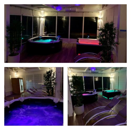 two pictures of a bathroom with a tub with purple lighting at Agriturismo Fonte Rosa in Fiastra