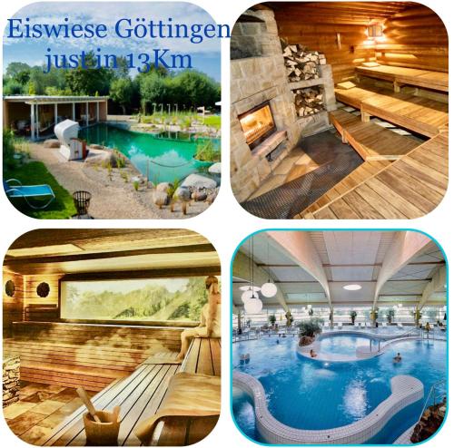 a collage of four pictures of a swimming pool at Villa Plesse in Bovenden