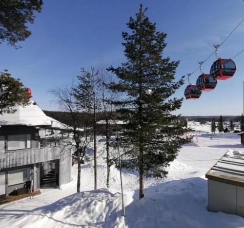 een skilift met een dennenboom in de sneeuw bij VuosselinHelmi 44 in Kuusamo