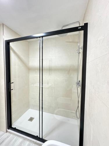 y baño con ducha y puerta de cristal. en MALAGA INN APARTAMENTS, en Málaga