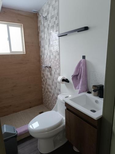 uma casa de banho com um WC, um lavatório e uma janela em Punto clave em Pudeto