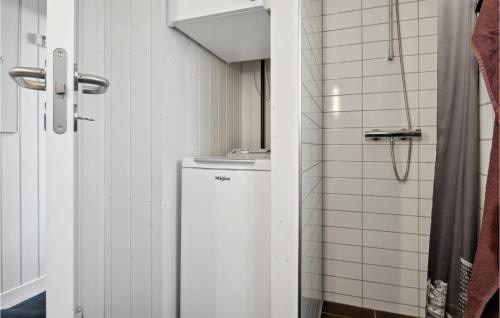 a bathroom with a small refrigerator and a shower at Awesome Home In Fredericia With Kitchen in Fredericia