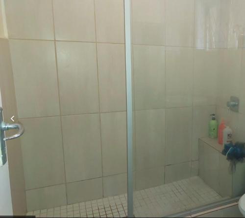 um chuveiro com uma porta de vidro na casa de banho em PHAKADEHOMES em Durban