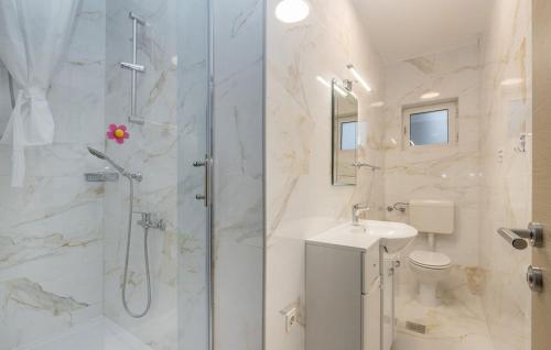 a bathroom with a shower and a toilet and a sink at Apartments Theo in Selce
