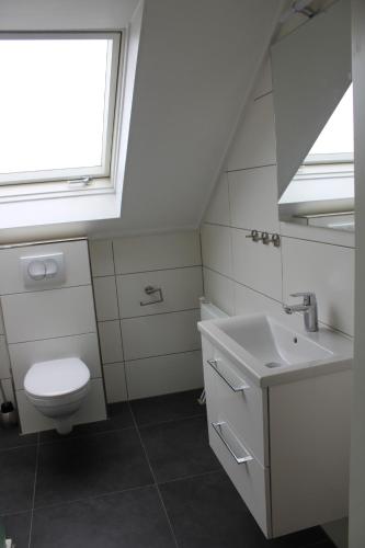 een badkamer met een toilet, een wastafel en een raam bij Kustverhuur, Vakantiepark Fort Soleil 60 in Breskens