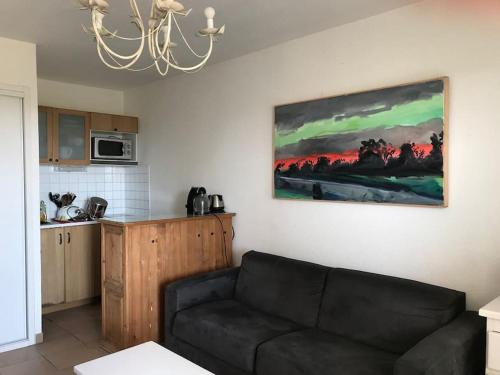 un salon avec un canapé et un tableau au mur dans l'établissement Direct sea access, patio, lawn, private parking Reservations Saturday to Saturday only, à Saintes-Maries-de-la-Mer